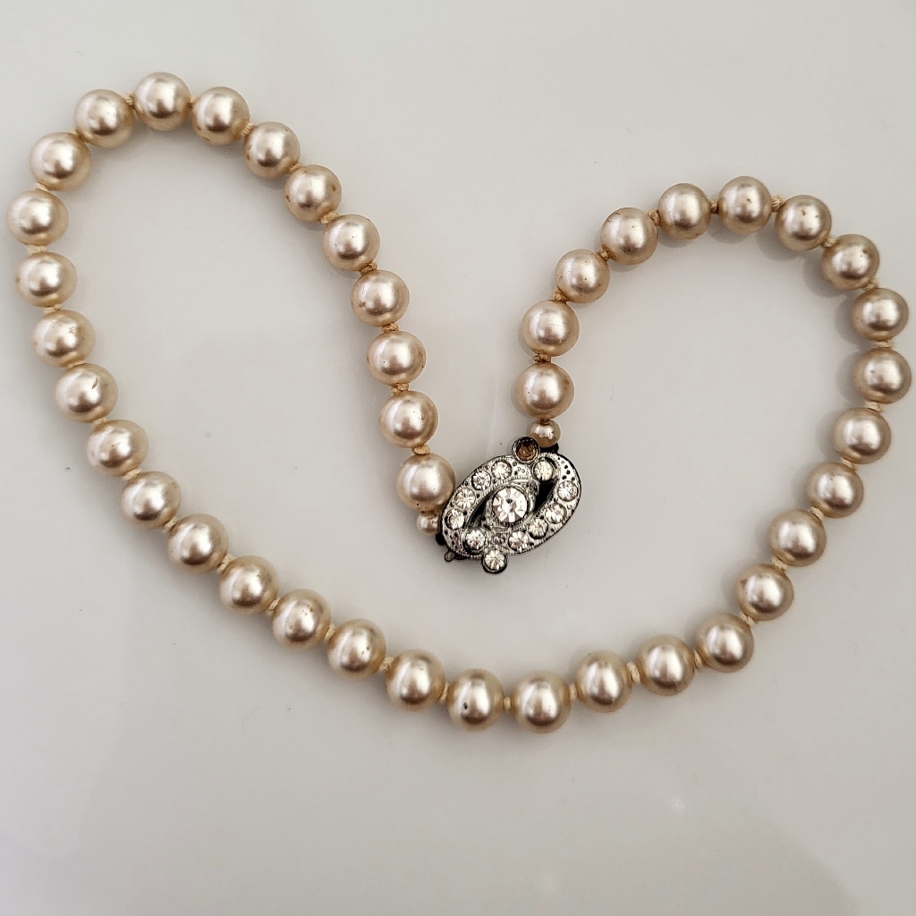 Vintage Faux Pearl Choker Necklace With Rhinestone Box Clasp 14 46$